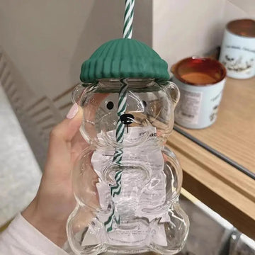 550ML Cute Bear Straw Cup – Transparent Cartoon PET Plastic Coffee, Milk & Water Tumbler