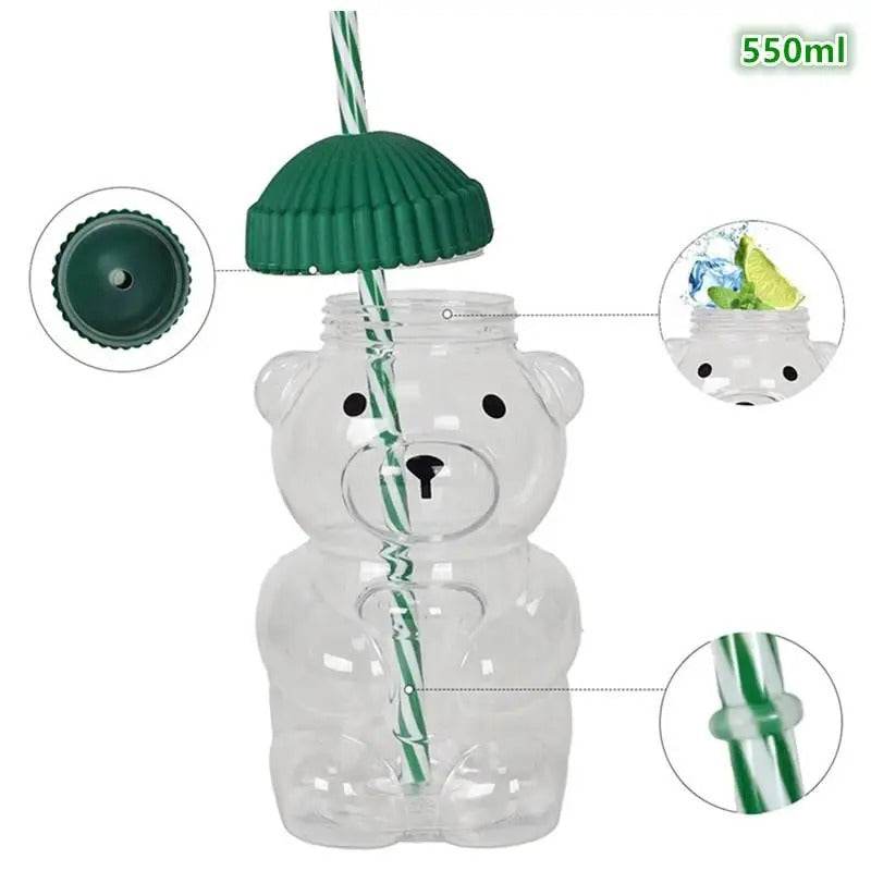 550ML Cute Bear Straw Cup – Transparent Cartoon PET Plastic Coffee, Milk & Water Tumbler